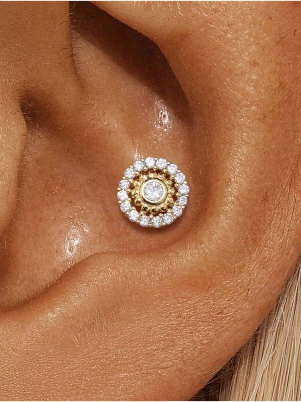 Plated Gold and White 925 sterling CZ Halo Stud Earrings - Women Jewelry